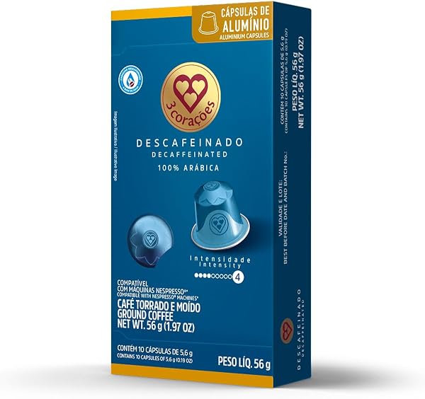 3 Corações Cápsulas de Café Descafeinado, Compatíveis com Nespresso, contém 10 cápsulas