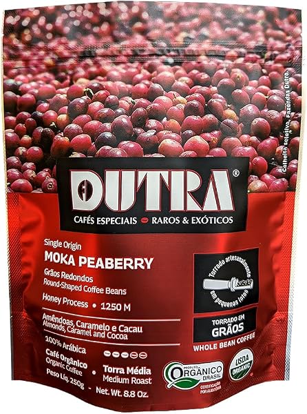 Café Dutra Orgânico Especial Moka Peaberry Notas Amêndoas e Caramelo Torrado em Grãos 250g