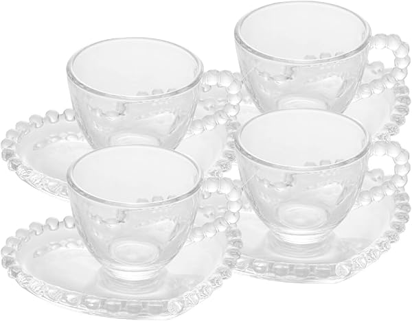 WOLFF Conjunto 4 Xícaras de Café de Cristal com Pires Coração 85ml - Linha Pearl